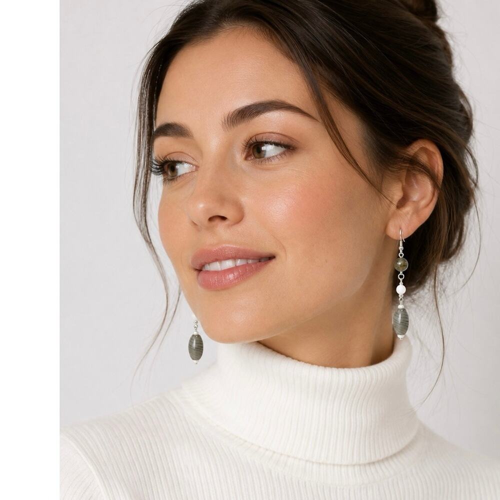 Handmade Vintage Art Glass Beaded Dangle Drop Earrings w/ white crystal 2 inch